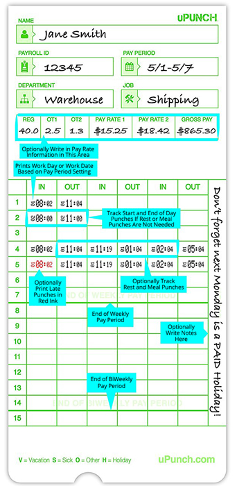 300 UPunch Time Cards - Compatible With Non-Calculating HN3000 AutoAlign Time Clocks